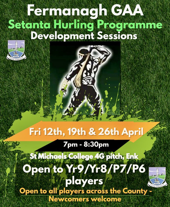 Setanta Hurling Programme starts tomo - open sessions! Hurls/Helmets will be provided if needed. Registration still open - forms.office.com/e/2N2C6bq7vm Also U15 Hurling Academy squad (2009/2010 born) have a coaching session in St. Michael's 4G at well Friday 12th 7:30pm - 9pm.