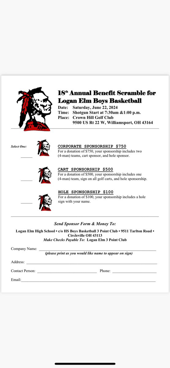 🏌🏽‍♂️⛳️🏀Hey friends!!
The big day is just around the corner - June 22nd is the Logan Elm Braves boys basketball 18th annual golf outing and the biggest fundraiser of the year for the 3 Point Club. 🏌🏽‍♂️⛳️
‼️➡️And this year we are at Crown Hill Golf Club!! ⬅️‼️
Go Braves!!! ❤️🏀🏌🏻‍♀️⛳️