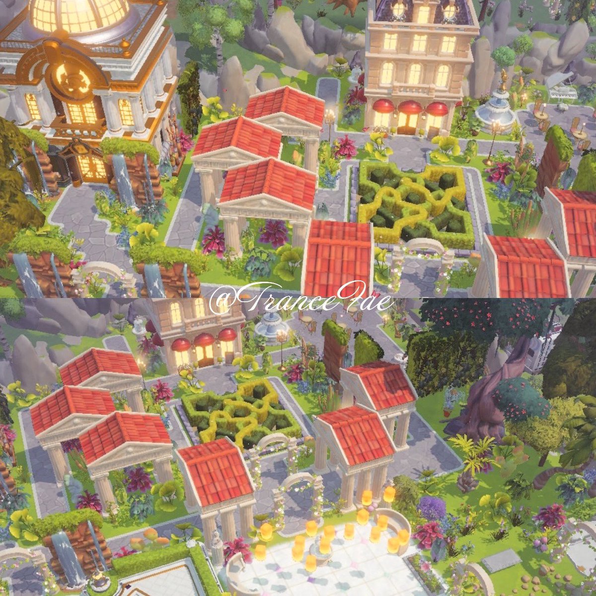 Here’s one side of my new plaza design - featuring a diagonal jungle footpath to Scrooge’s, a courtyard around the topiary hedge, and Remi’s restaurant with an outdoor dining area. Truly love how the Hercules items give the space a majestic feel ❤️ #DisneyDreamlightValley
