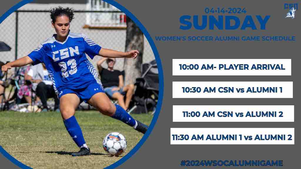 🚨Women’s Soccer Alumni Game Schedule🚨 Sunday April 14, 2024 10:00 AM-Player Arrival 10:30 AM-CSN vs Alumni 1 11:00 AM-CSN vs Alumni 2 11:30 AM-Alumni 1 vs Alumni 2 *Light breakfast items & beverages will be provided by our Coaches*