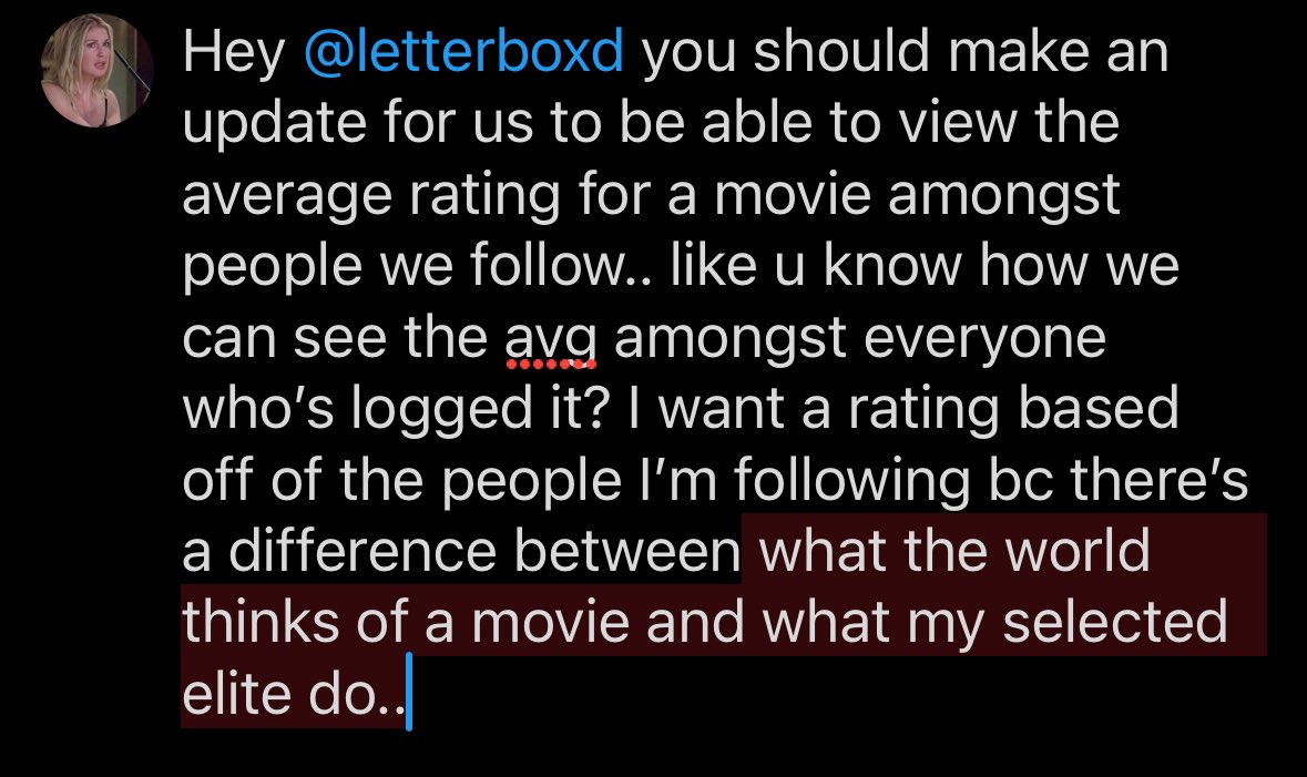 Idk if this is already a thing or if it’s a feature locked under a paywall but uhhh yeah take notes bc I NEEED to know the average rating for Scream 3 amongst the people I’m following @letterboxd
