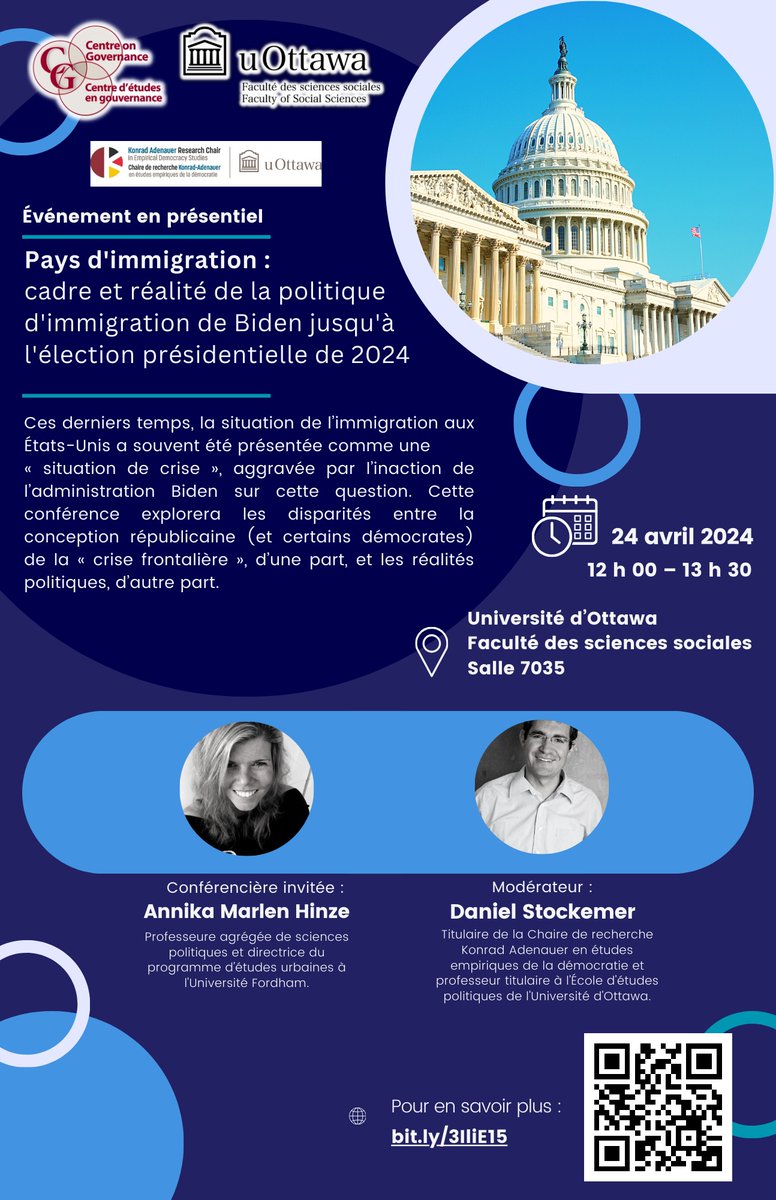 💡Événement avec la Chaire de recherche Konrad Adenauer en études empiriques de la démocratie « Pays d'immigration : cadre et réalité de la politique d'immigration de Biden jusqu'à l'élection présidentielle de 2024 » avec @AnnikaMarlen79 📅24 avril | ⏰ 12h-13h30 |📍FSS 7035