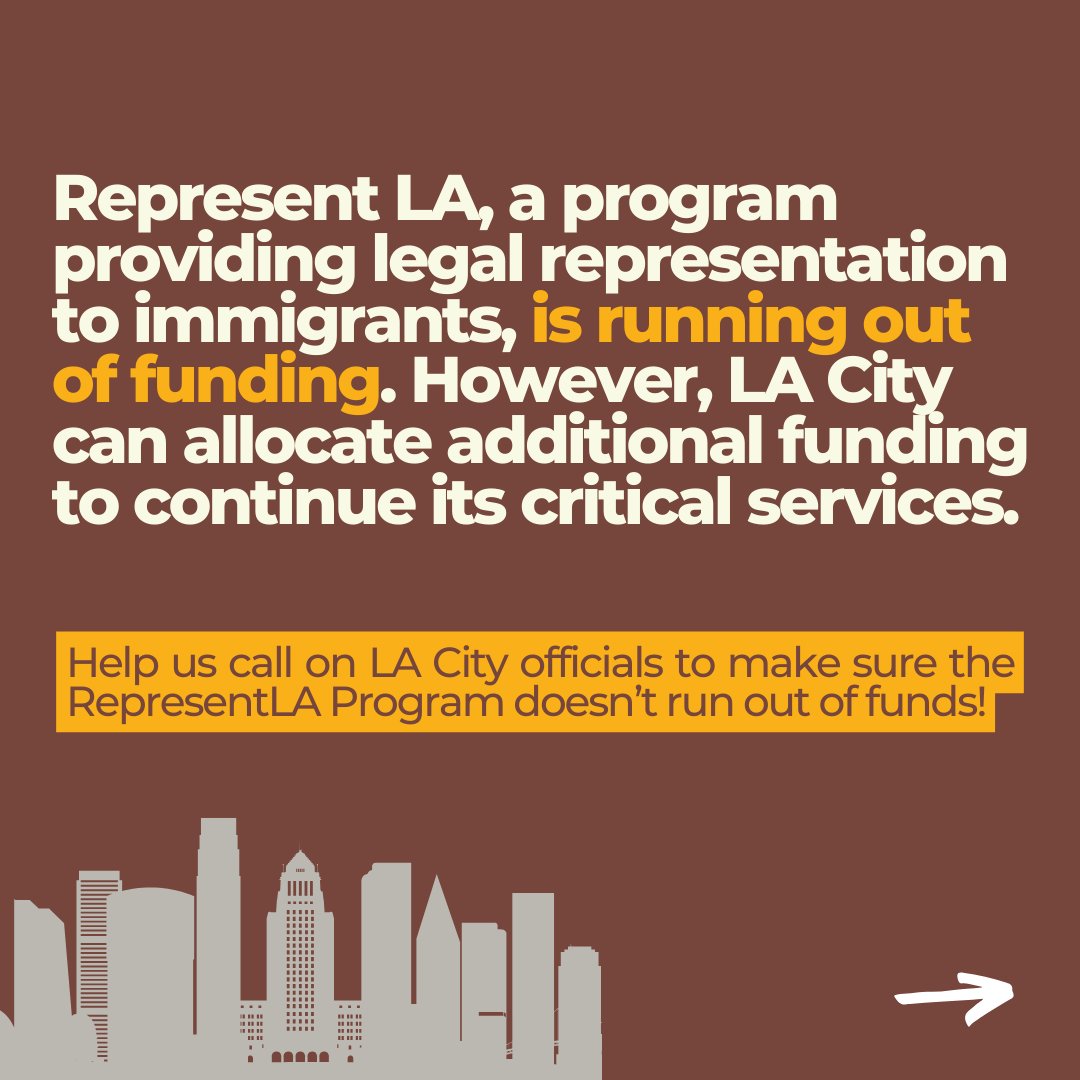 🚨ACTION ALERT 🚨 Represent LA, a program helping Angelenos seeking legal representation within the immigration system, is running out of funding. However, LA City can allocate additional funding to continue its critical services! LEARN MORE. THREAD 🧵 1/3