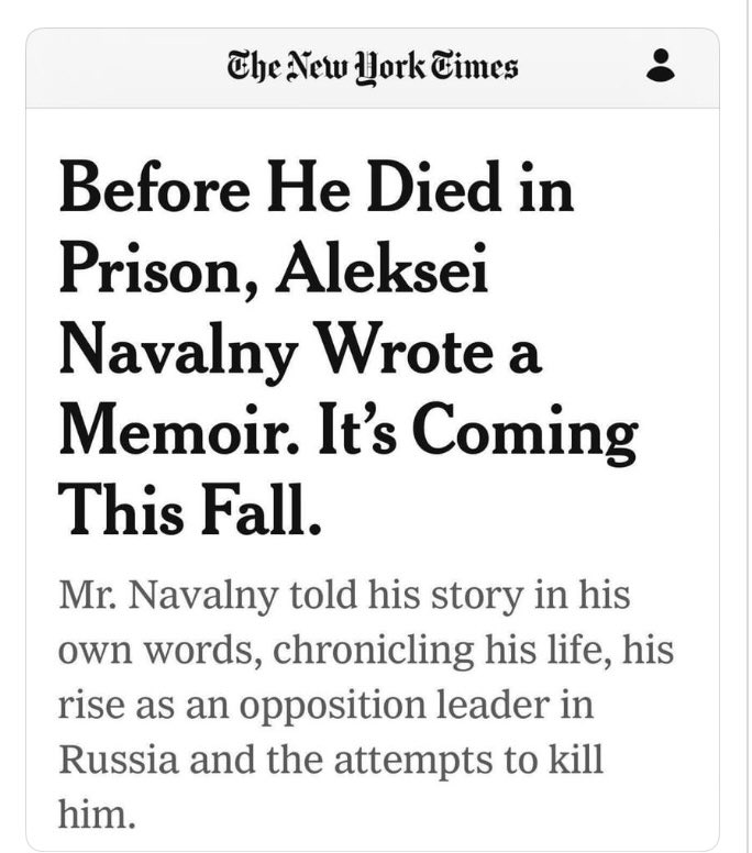 Hello New York Times.   Alexsei Navalny didn’t just “die” prison.   He was f**king EXECUTED in prison because war criminal Putin didn’t like the idea of having a political opponent so close to the election.