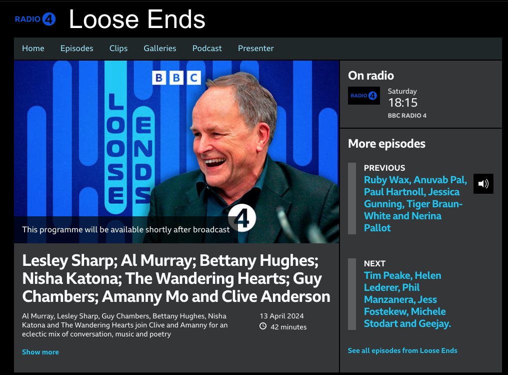 Super excited to announce this!

I'm co-presenting with Clive Anderson on his brilliant, fun #LooseEnds radio show this coming Saturday night at 1815 @BBCRadio4  with fab guests!
📻
If you miss it though - fear not! You can always catch up on @BBCSounds bbc.co.uk/programmes/m00…