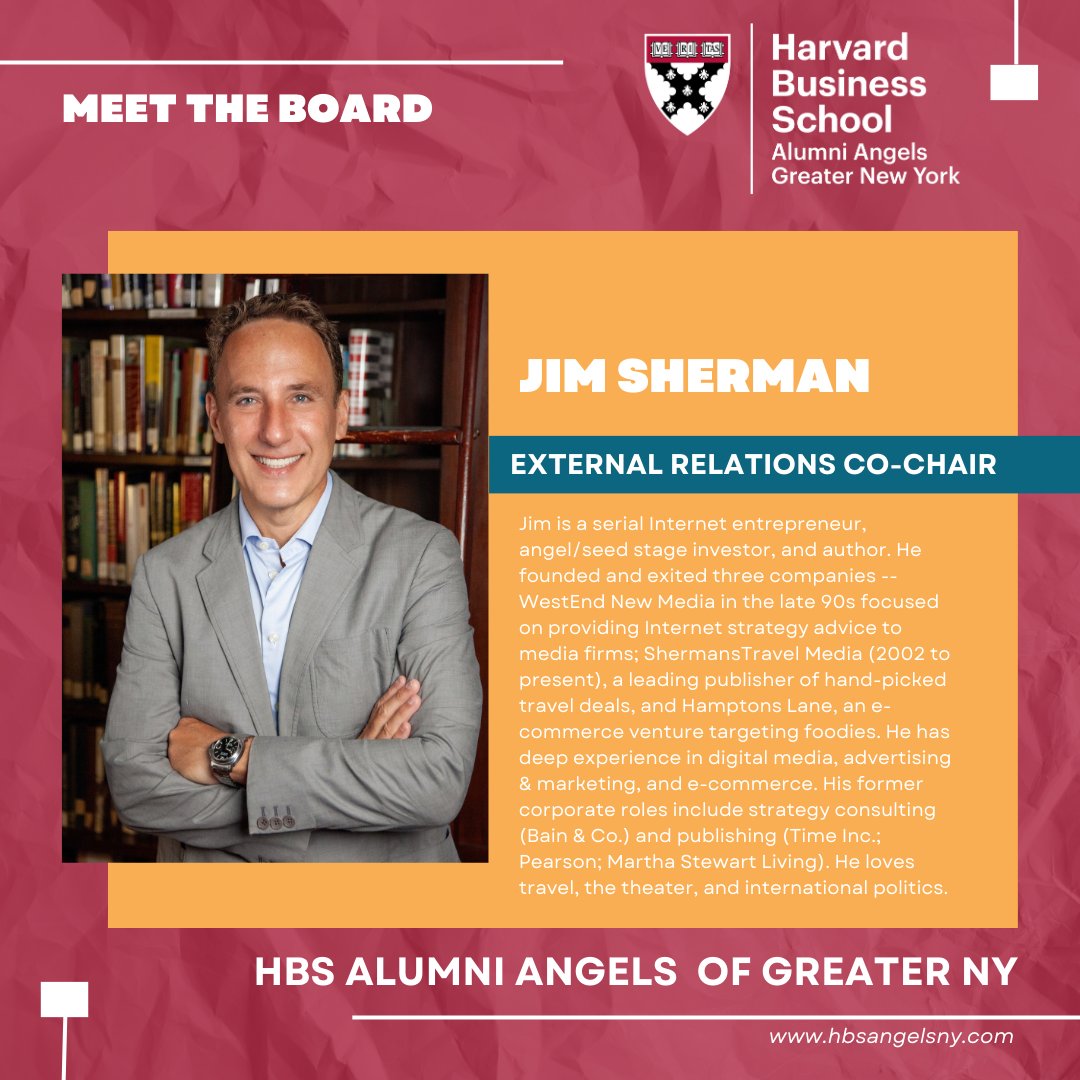 📸 Board Member Spotlight! 🤝 Meet Jim Sherman, External Relations Co-Chair here at HBSAANY. Learn more about our Leadership Team: hbsangelsny.com/leadership