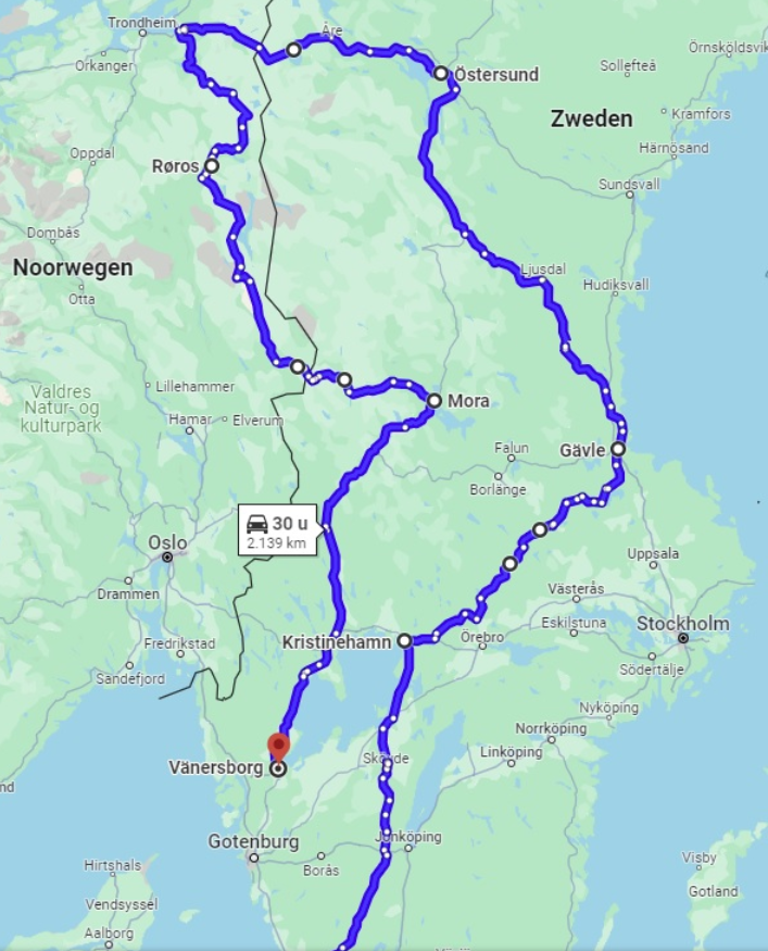 De route zal zo'n 2140 km zijn door Zweden en Noorwegen, en dan nog 2x 1000 km om daar te komen. ^MdV