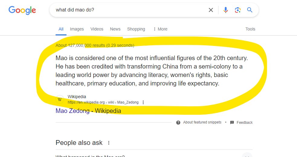 Type 'What did Mao Do?' in a G00gle Search.