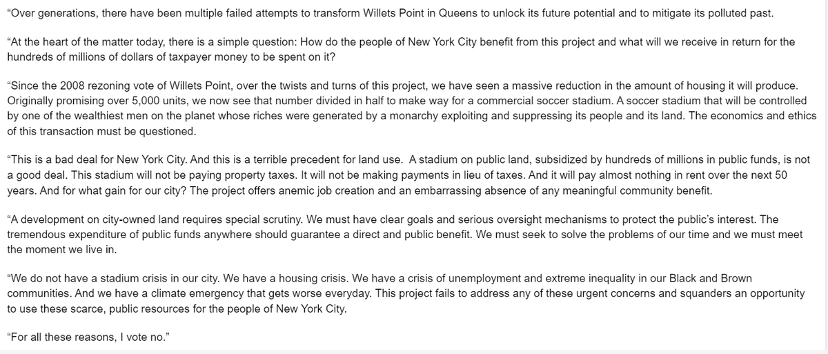Council overwhelmingly approved Willets Point redevelopment plan. Sole dissenter in 47-1 vote was Shekar Krishnan, who issued a scathing speech saying that stadium is 'controlled by one of the wealthiest men on the planet' but will still pay zero property taxes over 49-yr lease.