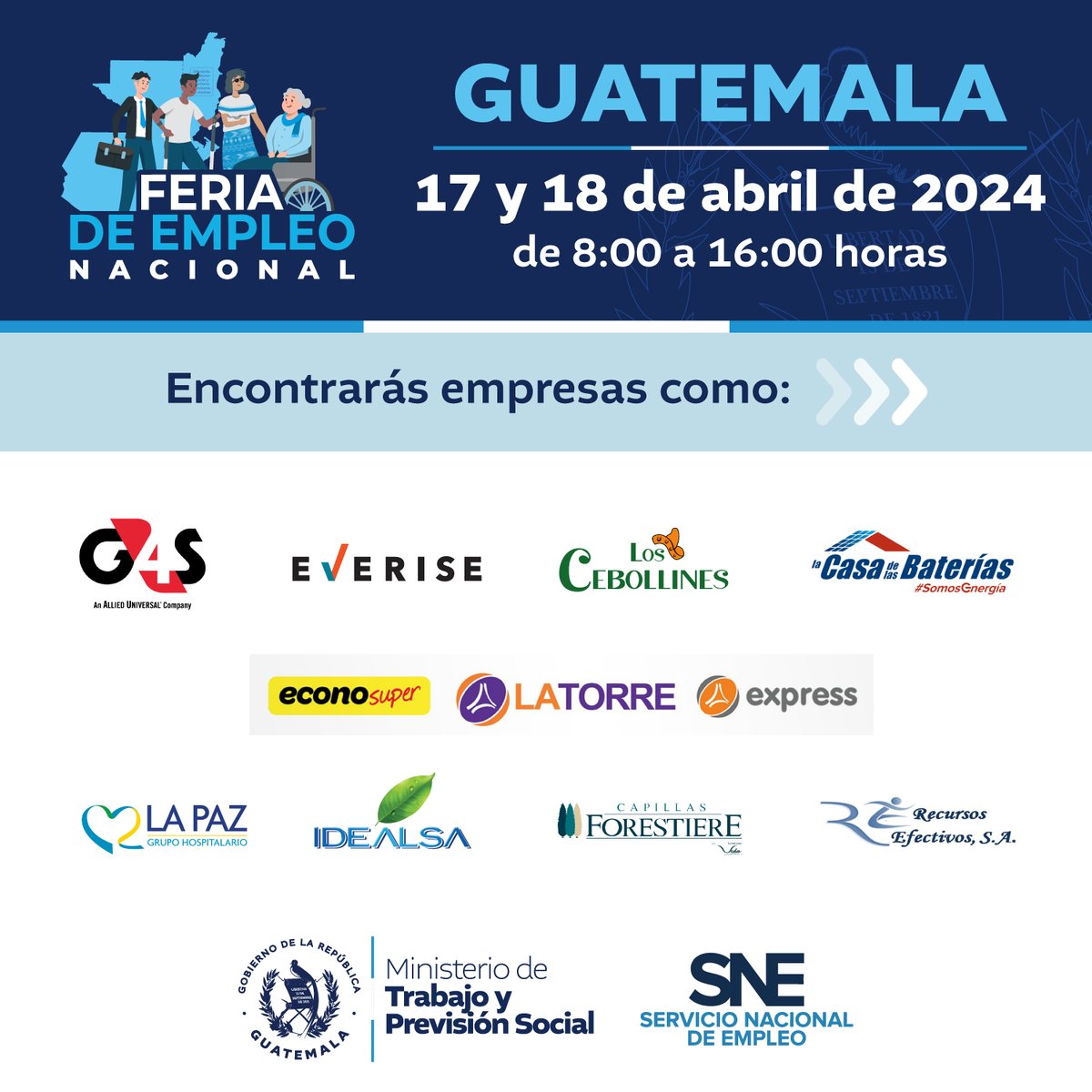 Encuentra tu próximo trabajo en la Feria de Empleo Nacional 2024 🗓️ 17 y 18 de abril 📍Parque de la Industria, salones 3 y 4, zona 9, ciudad de Guatemala. ✅Para facilitar el proceso haz tu pre-registro en tuempleo.mintrabajo.gob.gt Conoce a las empresas que participan ¡No faltes