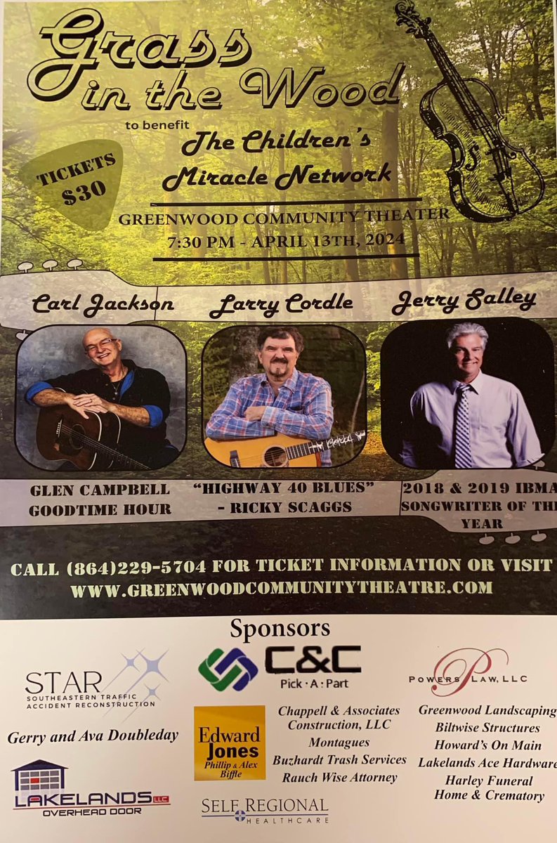 Join us in Greenwood, SC, this Saturday night, April 13 for a fun show and to raise money for The Children’s Miracle Network!!