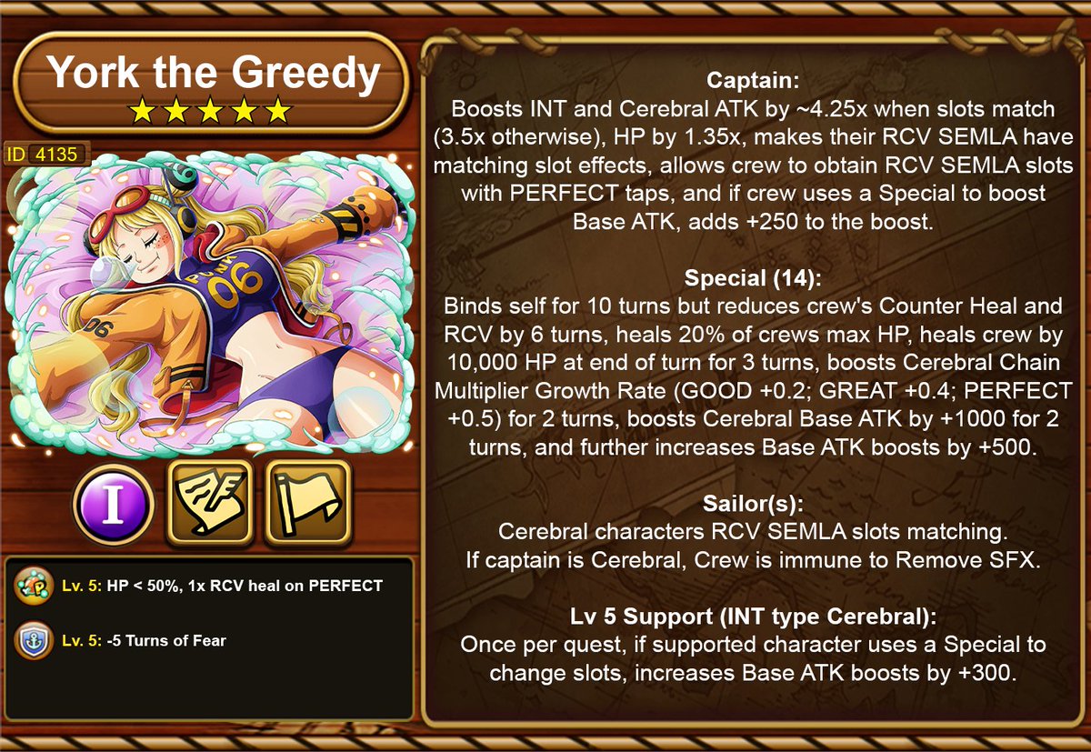 New Unit!

Rare Recruit York the Greedy
INT
Cerebral / Free Spirit
#トレクル #ONEPIECE #OPTC #TreCru