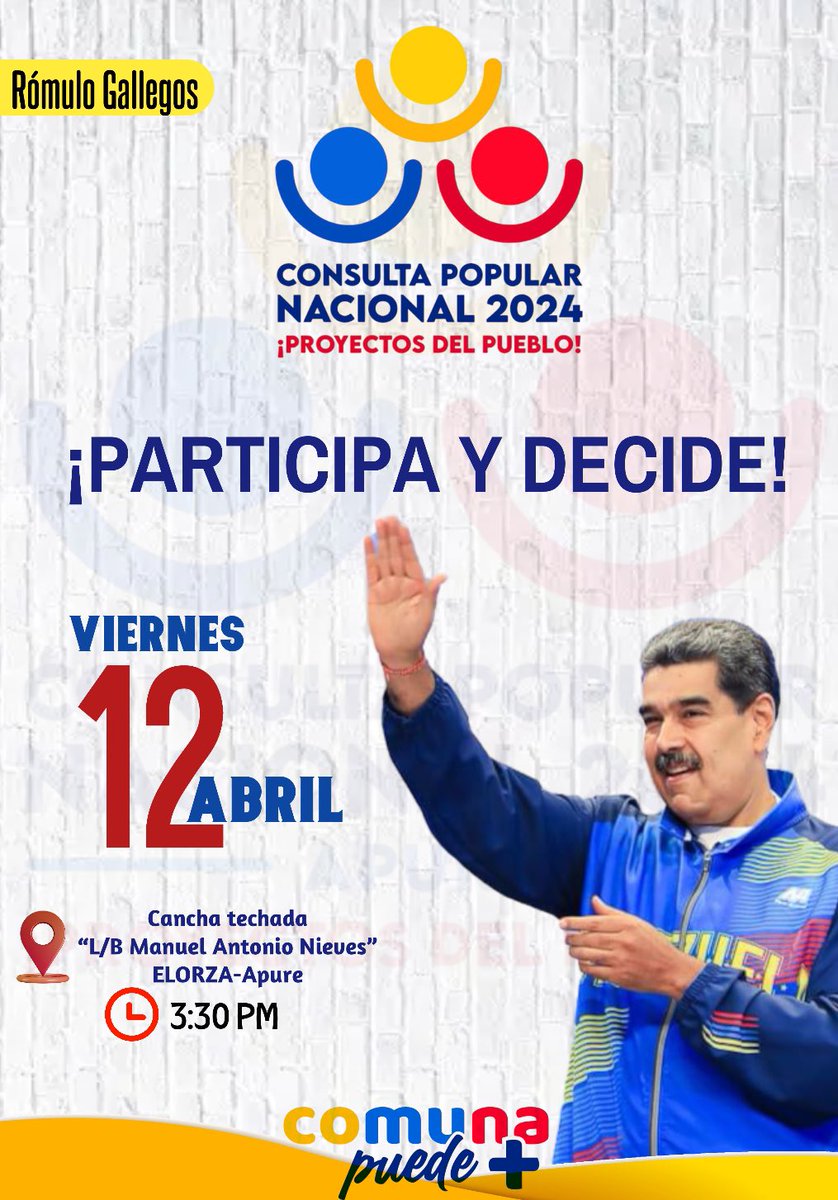 En marco de las 7T, nos reunimos en Asamblea rumbo a la 🇻🇪 Consulta Popular Nacional 2024 este viernes 12 de Abril en la Cancha techada del Liceo Bolivariano Manuel Antonio Nieves a las 3:30 PM
¡PARTICIPA Y DECIDE!
<a href="/NicolasMaduro/">Nicolás Maduro</a> <a href="/PartidoPSUV/">PSUV</a> <a href="/dcabellor/">Diosdado Cabello R</a> <a href="/eduardopiate2/">eduardo piñate</a>