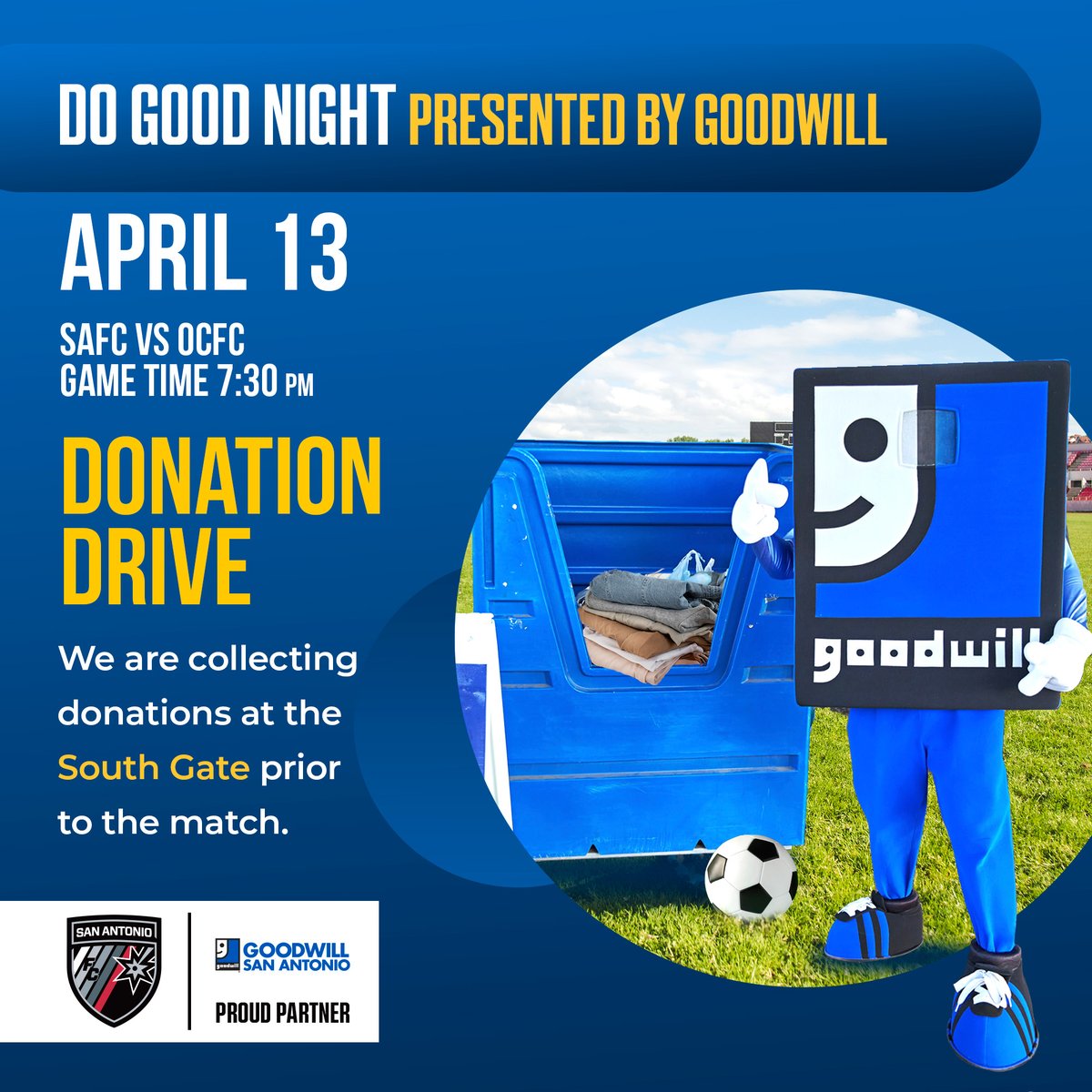 GOOOAL!!! ⚽️🥅 We are happy to announce our partnership with @SanAntonioFC! To kick off this amazing partnership, join us this Saturday, April 13, for the first ever Do Good Night presented by Goodwill San Antonio. 🏟️