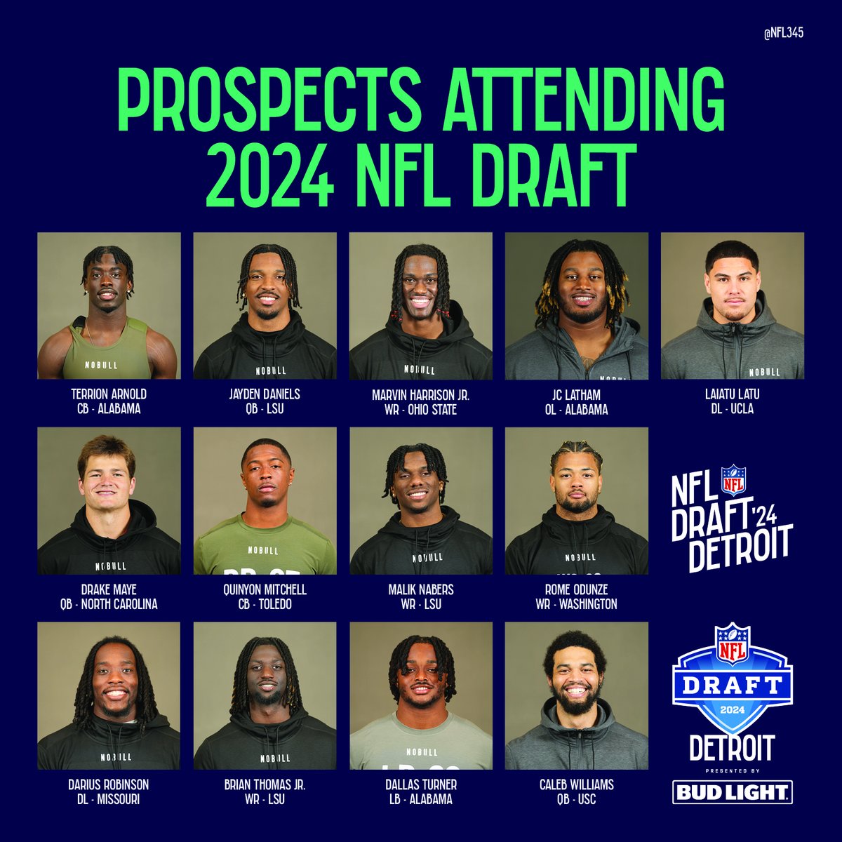 13 prospects to attend the 2024 @NFLDraft in Detroit as announced on @nflnetwork. tinyurl.com/2wx3arkx