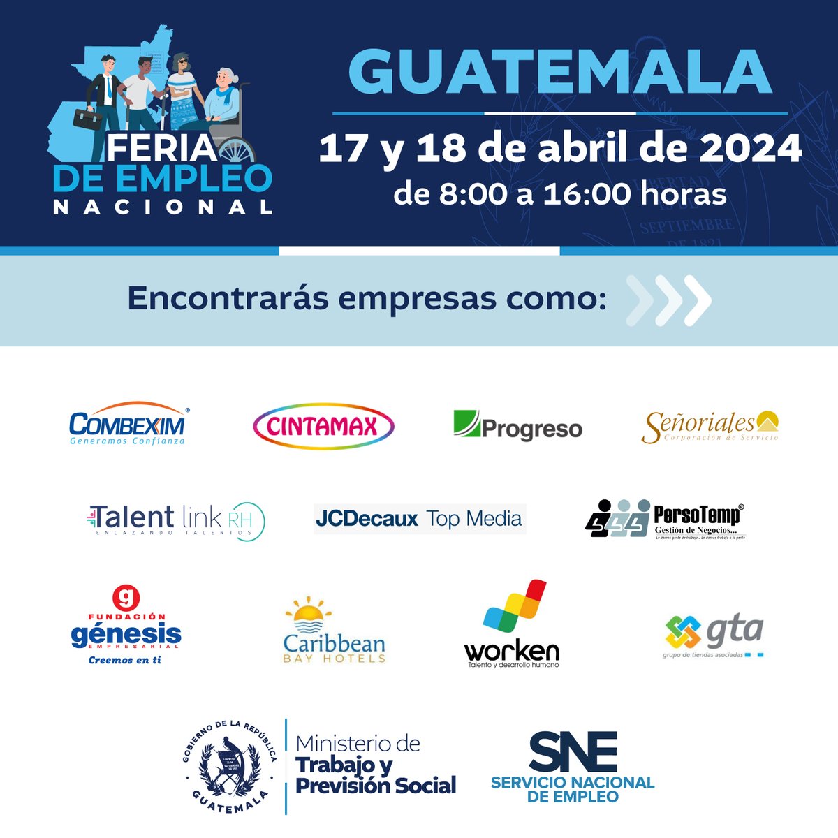 ¡Encuentra tu próximo trabajo! Asiste a la Feria de Empleo Nacional 2024 el próximo 17 y 18 de abril en el Parque de la Industria, salones 3 y 4, zona 9, ciudad de Guatemala. Conoce a las empresas que participan y tienen un puesto laboral para ti. ¡No faltes!