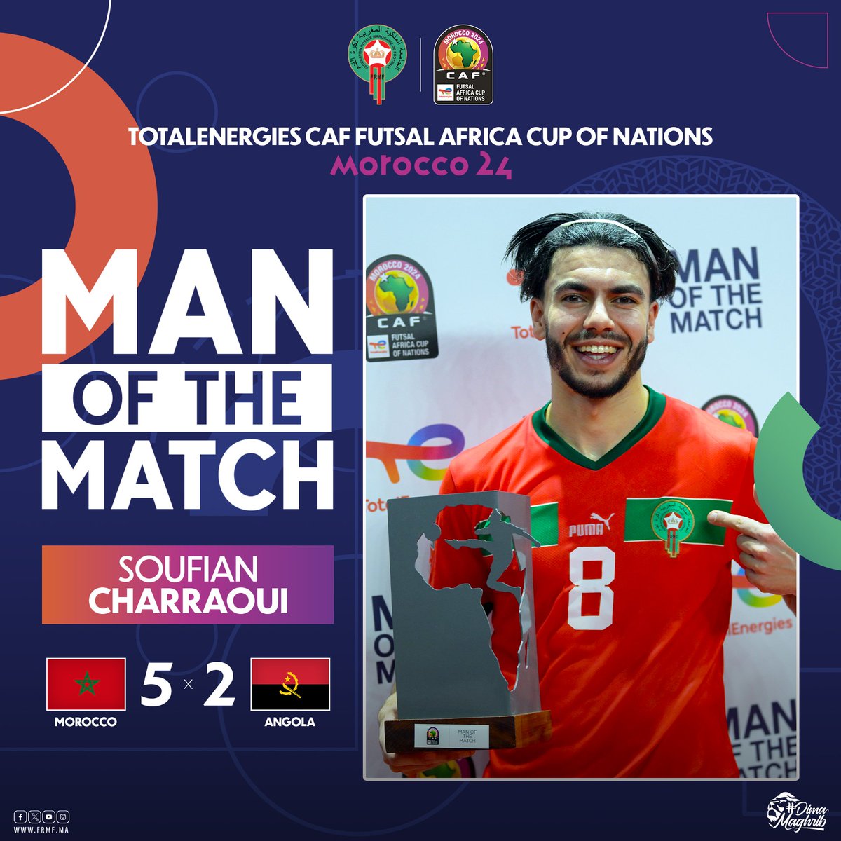 سفيان شعراوي رجل مباراة منتخبنا الوطني لكرة القدم داخل القاعة أمام منتخب أنغولا 🌟 Soufian Charraoui selected as the man of the match against Angola 👏🏻