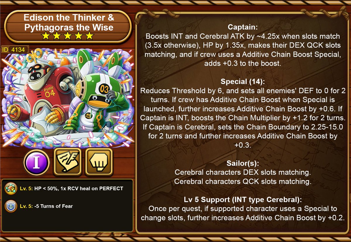 New Unit!

Rare Recruit Edison the Thinker & Pythagoras the Wise
INT
Cerebral / Fighter
#トレクル #ONEPIECE #OPTC #TreCru