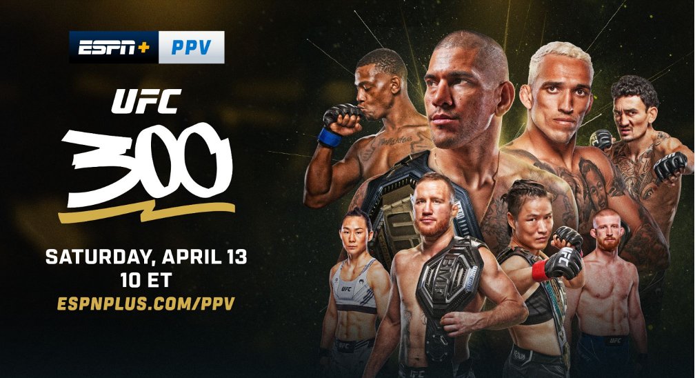 Saturday, don't miss the historic #UFC300: Pereira vs Hill ft. one of the deepest cards ever in MMA 6p ET, Early Prelims | 8p ET, Prelims @ESPNPlus, ESPN, ESPN Deportes, Hulu, Sirius XM Ch 156 10p ET | Main Card | ESPN+ PPV ➡️ bit.ly/3TQZqWp 🔗 bit.ly/4aL2VFb