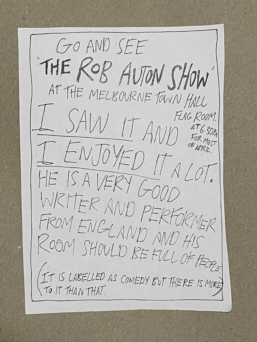 Melbourne friends, the wonderful <a href="/RobertAuton/">Rob Auton</a> has travelled from the UK to perform for you. 

Last night was the second time I’ve seen one of his shows. He’s one of my favourite comedians. Here’s Rob’s flyer…

Tickets comedyfestival.com.au/2024/shows/rob… 

#robauton #micf2024 #comedy