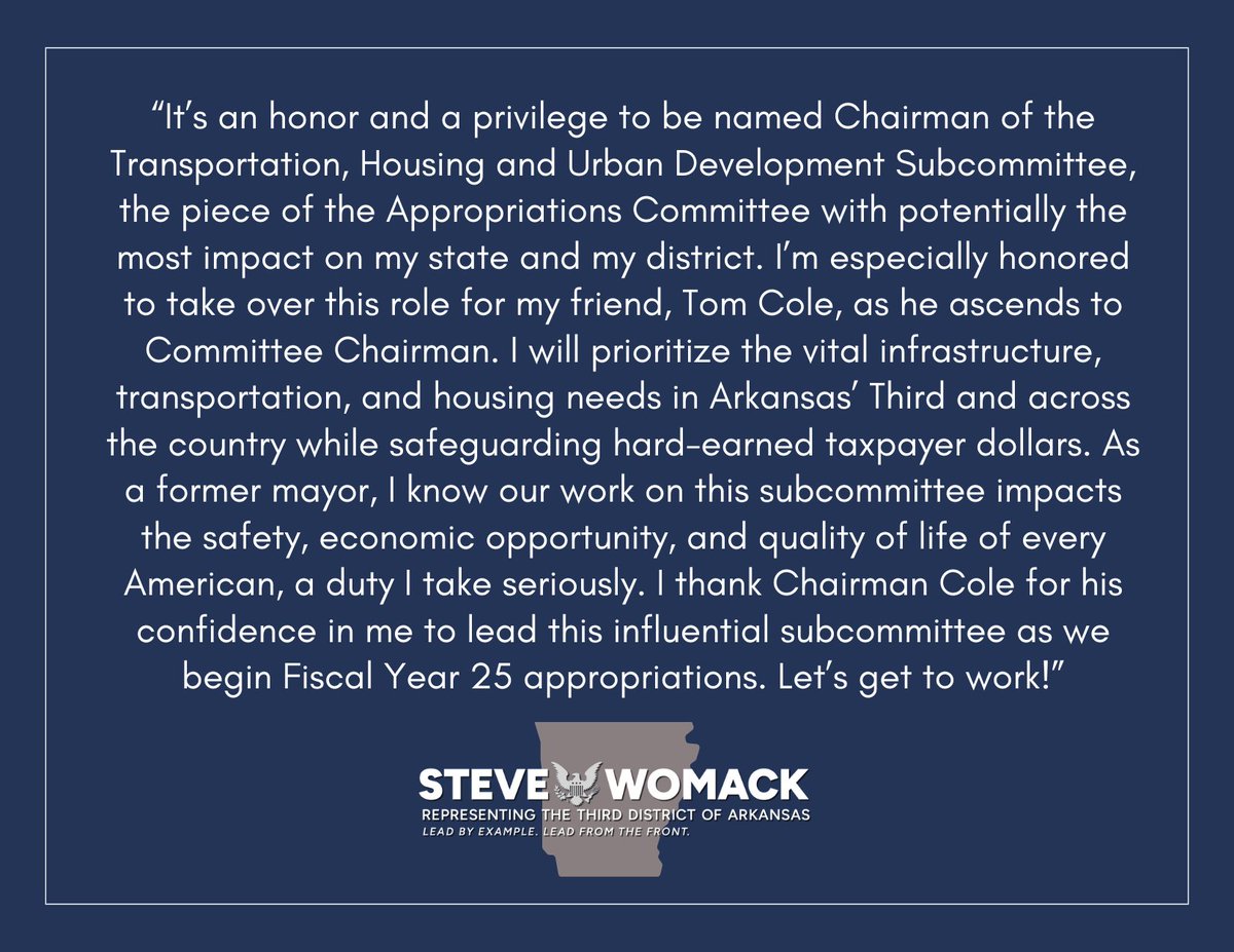 Today, Chairman @TomColeOK04 announced my appointment to serve as Chairman of the Transportation, Housing and Urban Development Subcommittee on @HouseAppropsGOP. What an honor! 👇