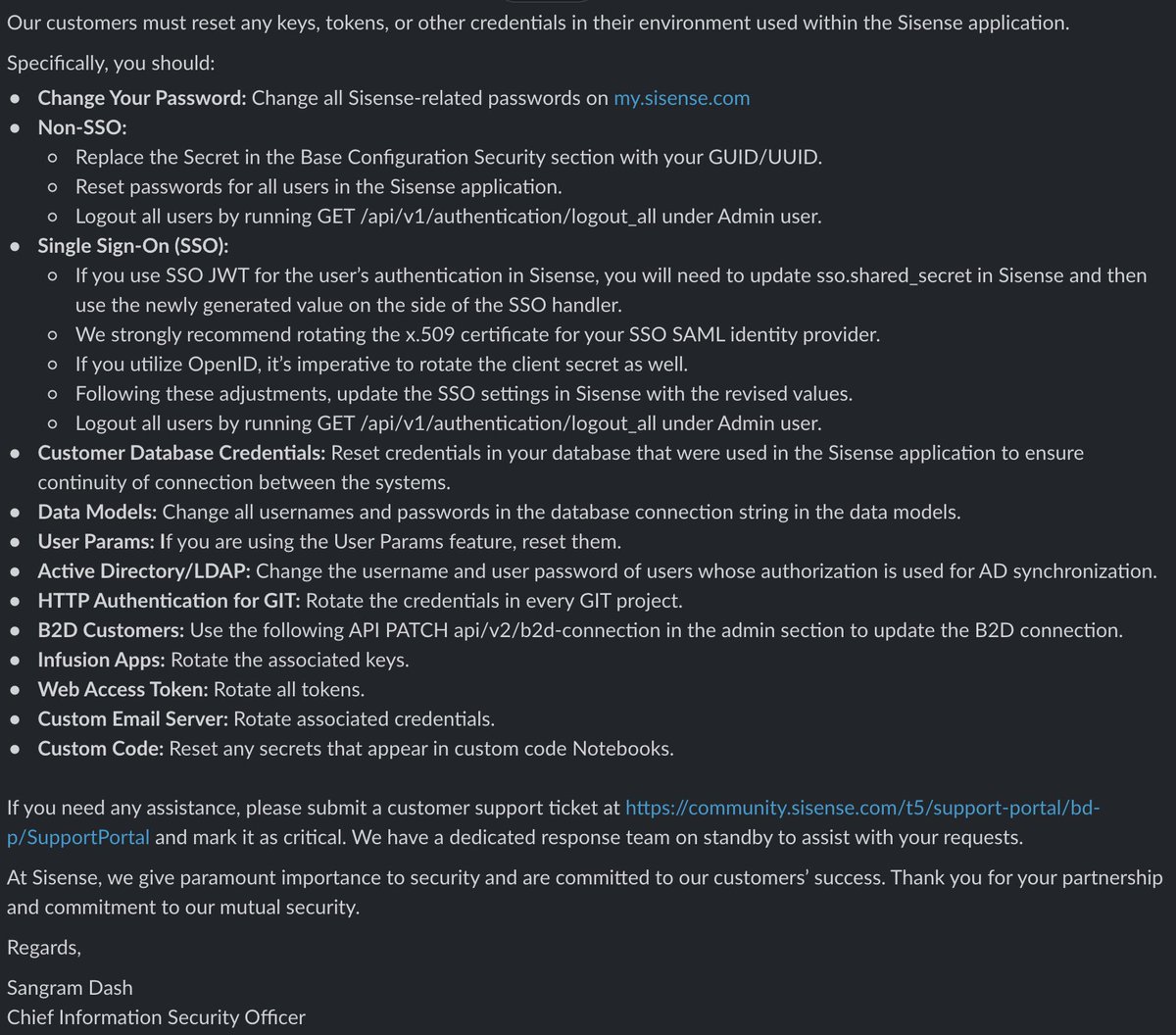 Sisense has released specific instructions to its customers. On the one hand it’s easy to be mad at this situation, the plaintext storage of credentials and the insecure storage of data at rest. On the other had I want to give them props for reaching this point in under 24…