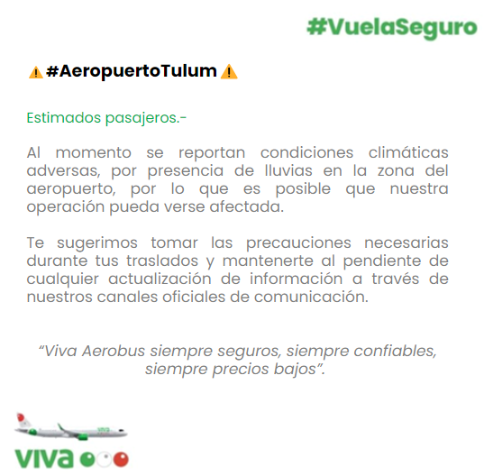 #VivaInforma #AvisoImportante #AeropuertoTulum Entérate en tiempo real del estatus de tu vuelo dando clic aquí 👉 bit.ly/viva-estatus Consulta información adicional relacionada con esta afectación desde el siguiente enlace: bit.ly/46CsWou