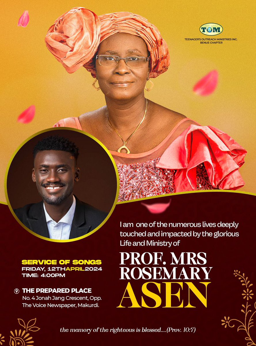 My name is Day 3, I am one the numerous lives deeply touched & impacted by the glorious Life and Ministry of Prof. Mrs. Rosemary Asen.

#ProfMrsRosemaryAsen #MummyLivesOn #TomBenue #CelebrationOfLife