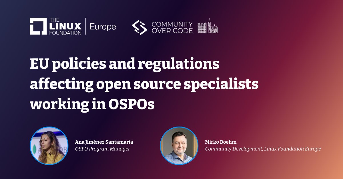 📢 Save the date for #CommunityOverCode, June 3-5 in Bratislava! Join Ana Jiménez Santamaría & Mirko Boehm as they discuss EU policies affecting open source specialists in OSPOs. #OpenSource #LinuxFoundationEurope hubs.la/Q02swhVv0