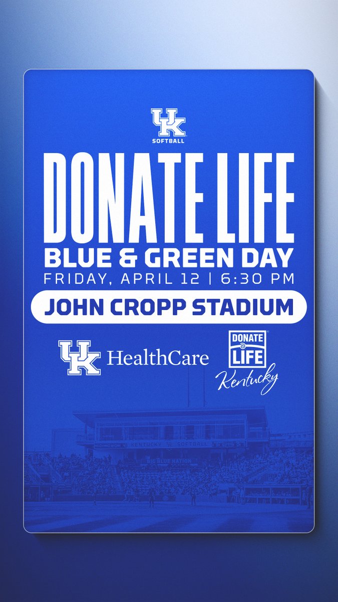 Join UK HealthCare and the Transplant Center tomorrow as the @UKsoftball team takes on Georgia! We'll be recognizing organ donors, transplant patients and staff on our transplant team in honor of National Blue & Green Day. Wear your blue and help cheer on the Wildcats!