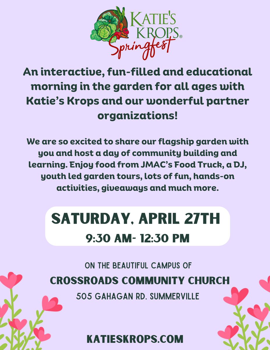 Join us for Katie's Krops Springfest on April 27th in our flagship garden. A fun-filled morning of garden tours, hands-on activities, experts sharing their knowledge, giveaways, food, and more. #SummervilleSC #Festival