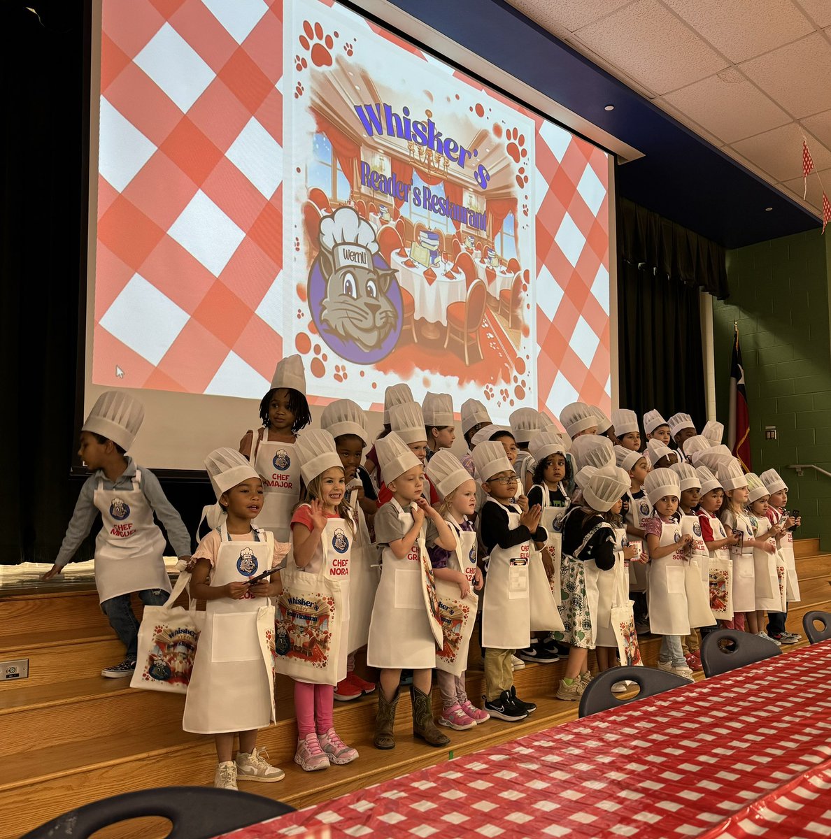 Dinner is served! Whisker’s Readers Restaurant is serving up kindergartners reading books to friends and family @NISDWernli ! Their fabulous kinder teachers worked hard to organize it!