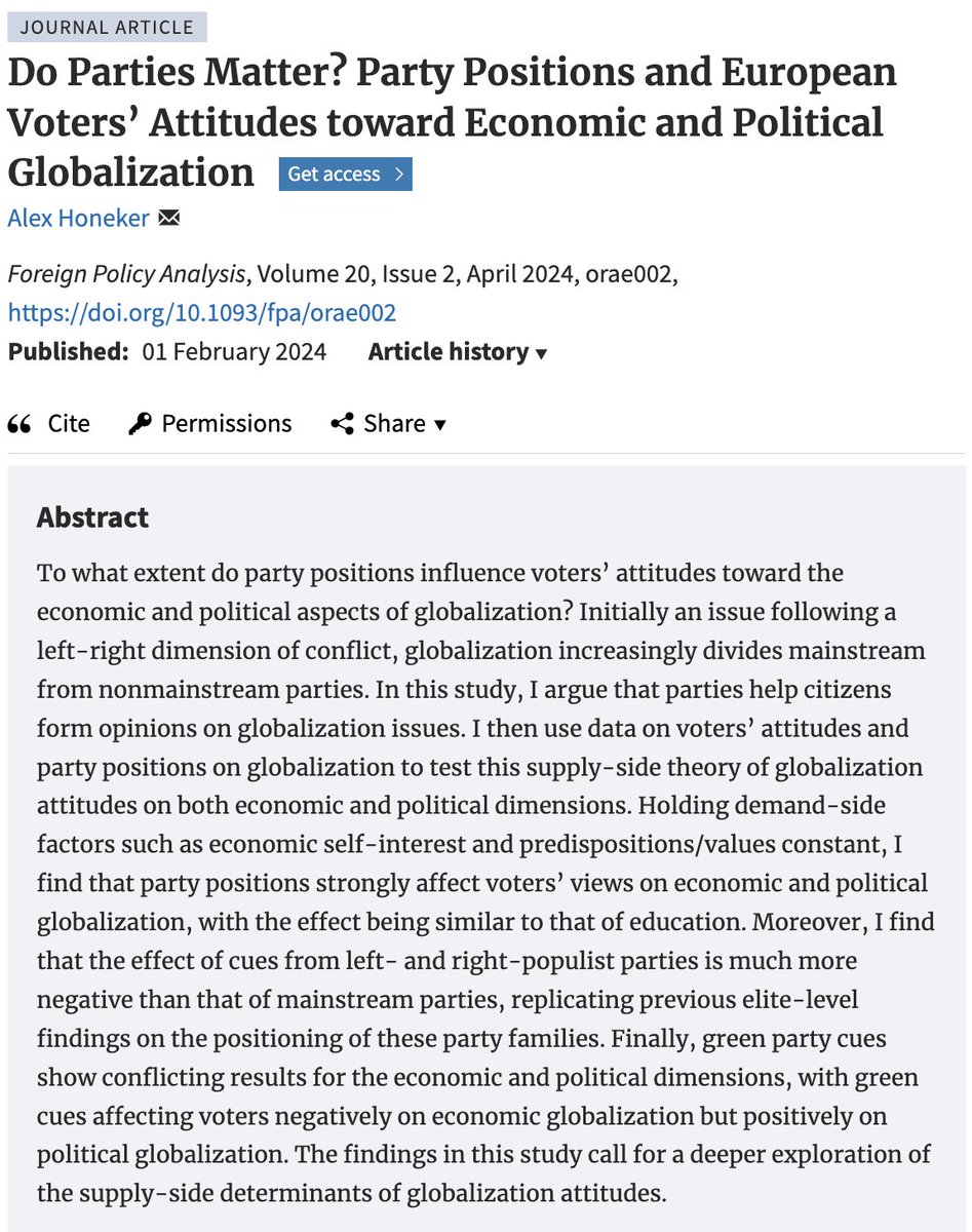 In his research note 'Do Parties Matter? Party Positions and European Voters' Attitudes toward Economic and Political Globalization', @alexhoneker argues that parties help citizens form opinions on globalization issues #PoliSciTwitter #ForeignPolicy academic.oup.com/fpa/article-ab…