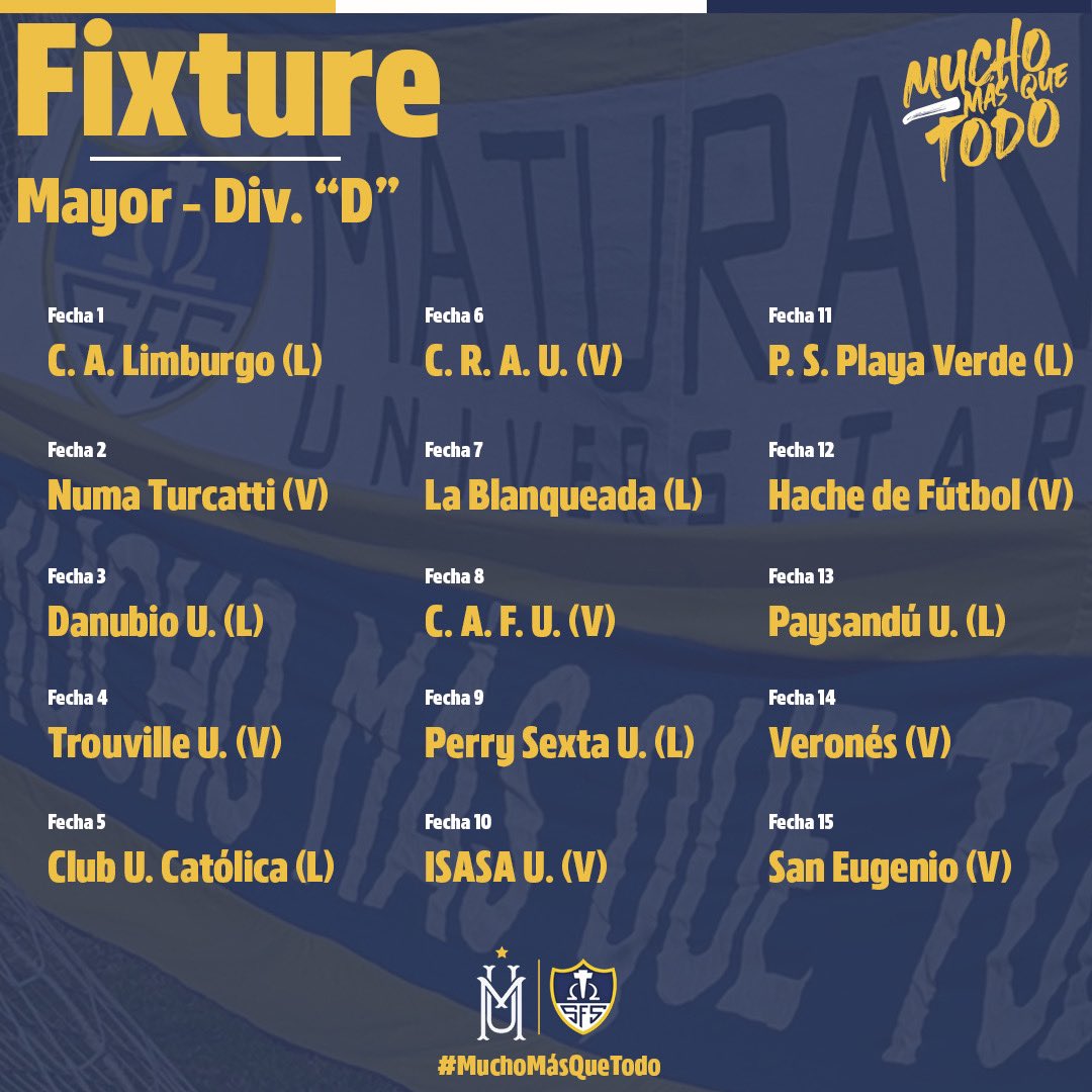 MaturanaU's tweet photo. 🧵 En el siguiente hilo detallaremos los fixtures de nuestras 𝘀𝗲𝗶𝘀 categorías este año. 

📆 Este es el camino de la categoría 𝗠𝗮𝘆𝗼𝗿 para la temporada 2024 de la @LUD_Oficial

#MuchoMásQueTodo🟡⚪️🔵 https://t.co/Pdci6gBHow