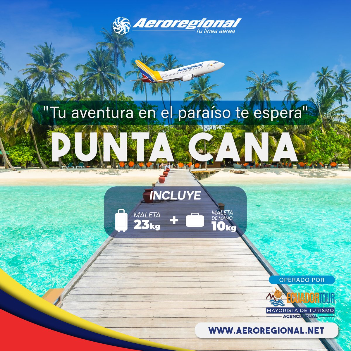 "¿Quieres escapar a un paraíso tropical? 📷📷📷 ¡Ven a Punta Cana desde Quito con Aeroregional y lleva contigo una maleta de 23kg sin costo adicional! ¡Aprovecha esta oferta ahora!"
Mas información y reservas en 📷 wa.link/l5ps6v