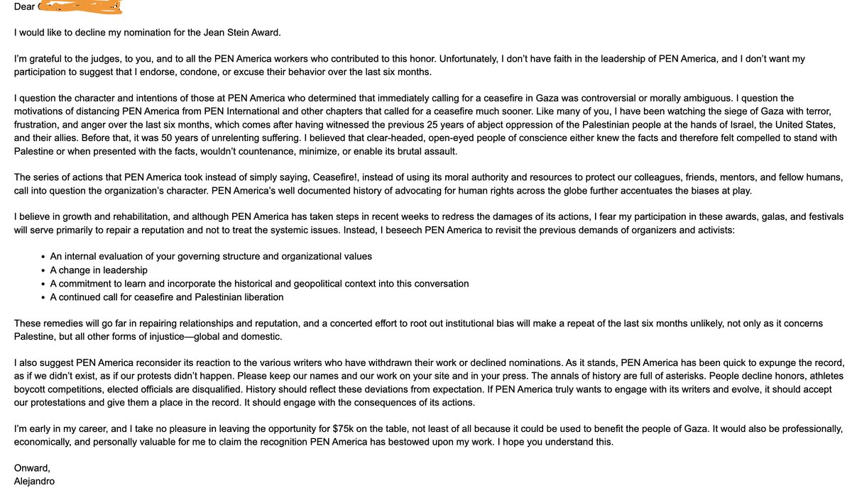 I withdrew my work from consideration for the Jean Stein Award. I can't align myself w/ a human rights org that waits 5 months to call for a ceasefire in Gaza, while platforming zionists & pretending there's nuance to genocide. ✊🏽🇵🇸🇵🇸🇵🇸 ✊🏽@wawog_now ✊🏽@united_PEN