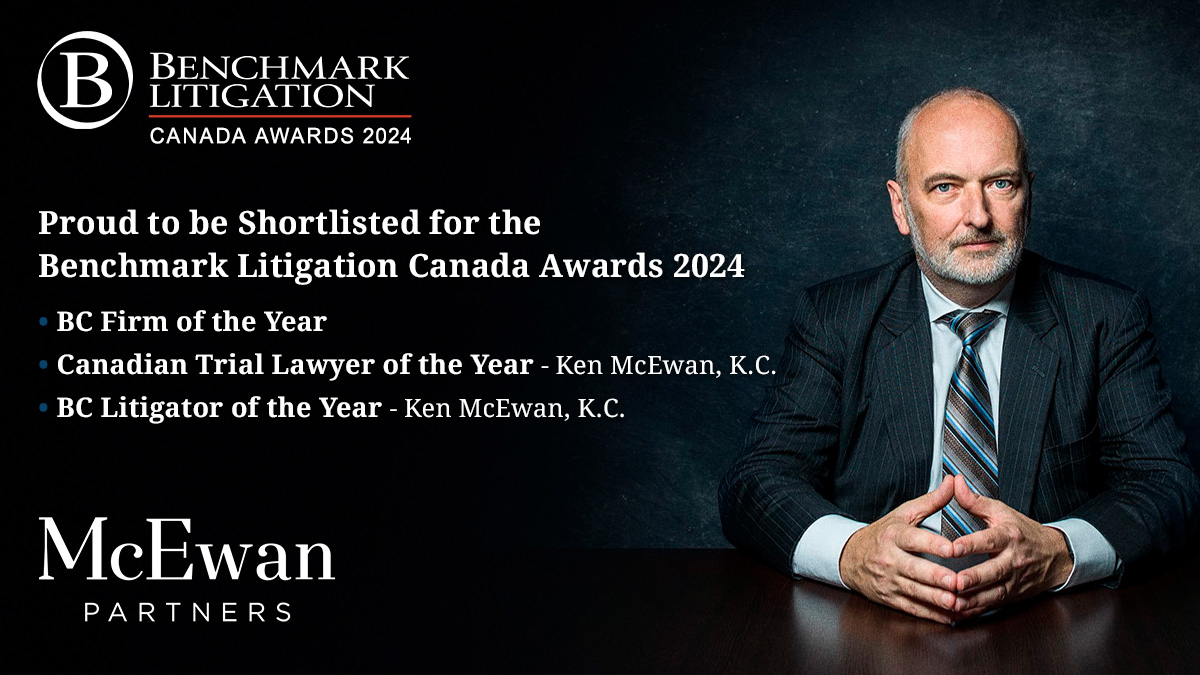 Benchmark Litigation has shortlisted our firm for British Columbia: Firm of the Year and our partner, Ken McEwan, K.C. is once again short listed for Canadian Trial Lawyer of the Year and British Columbia Litigator of the Year. 

View the short list here: benchmarklitigation.com/NewsAndAnalysi…