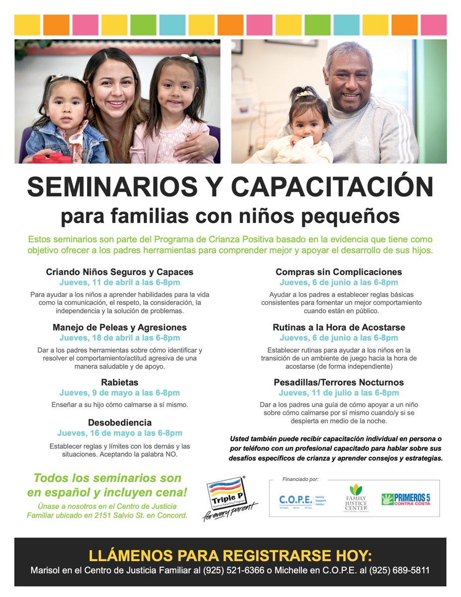 Esta noche: 'Criando Niños Seguros y Capaces' a las 6 pm en el Centro de Justicia Familiar ubicado en Concord. No puedo venir esta noche. Reserve la fecha para un futuro seminario. Todos los seminarios son en español y incluyen cena!