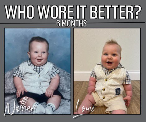 WHO wore it better…? Dug out my son’s little 6th month picture outfit for my grandson to try on! ❤️😍