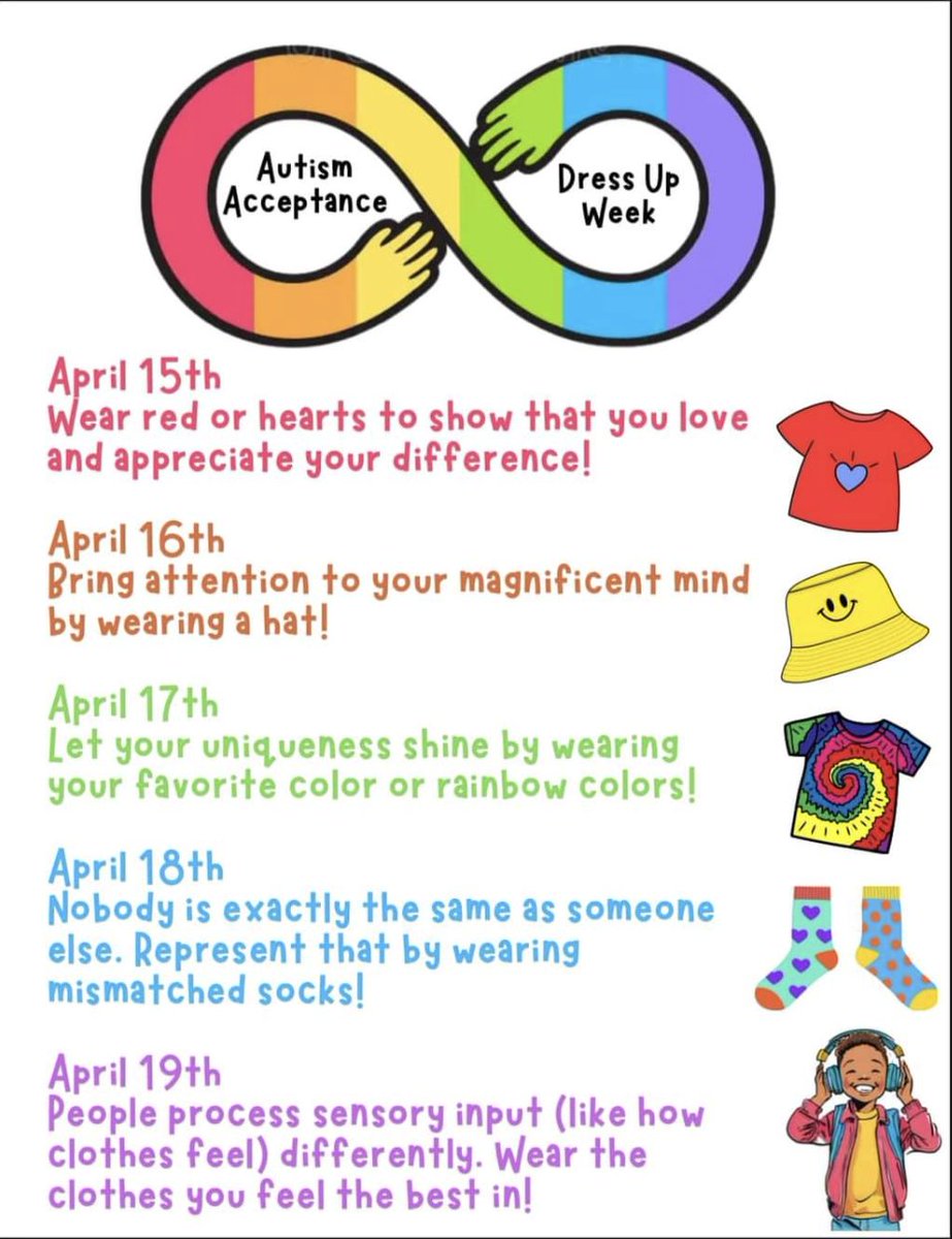 Who is ready for an autism acceptance spirit week to help kick off NESS?! ♾️🫶🏻 Here are the days!