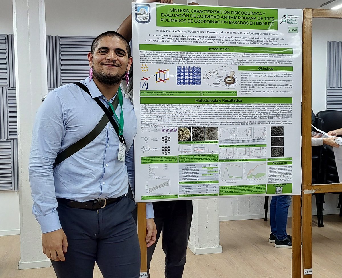 Tuve el honor de presentar un poster en las I Jornadas de Química Medicinal (<a href="/jornadasqm/">I Jornadas Rioplatenses de Química Medicinal</a>): Síntesis, caracterización fisicoquímica y evaluación de actividad antimicrobiana de tres polímeros de coordinación basados en Bismuto ⚗️🧫