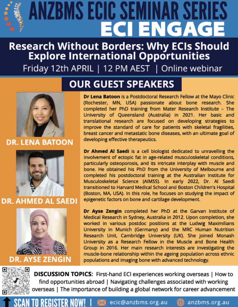 Excited for today’s @ANZBMS_ECIC ECI Engage Seminar Series at 12pm AEST! We have a fantastic line up of speakers sharing their experiences of working overseas. There’s still time to register your attendance via the QR on the flyer or using this link: url.au.m.mimecastprotect.com/s/J6ASCp81lrt9…