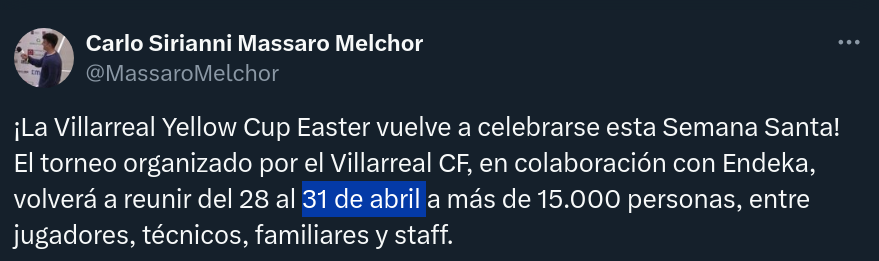 @MassaroMelchor #VillarrealCF #YellowCupEaster
#VillarrealYellowCupEaster #EndekaSports 

#Abril no da para tanto.

#FechasImposibles