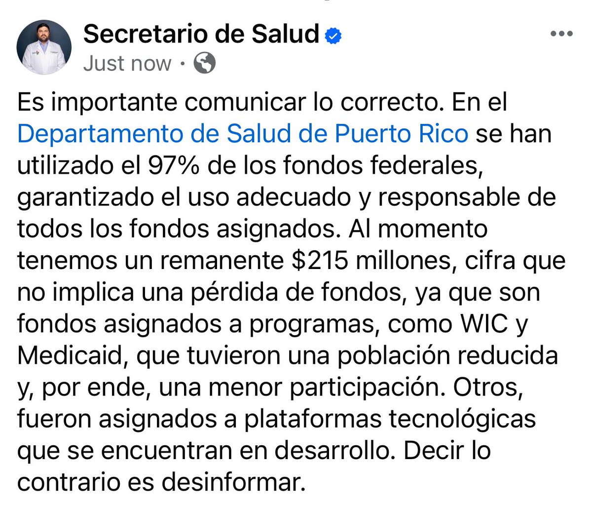 Es importante comunicar lo correcto. En el @desaludpr se han utilizado el 97% de los fondos federales, garantizado el uso adecuado y responsable de todos los fondos asignados… Decir lo contrario es desinformar.