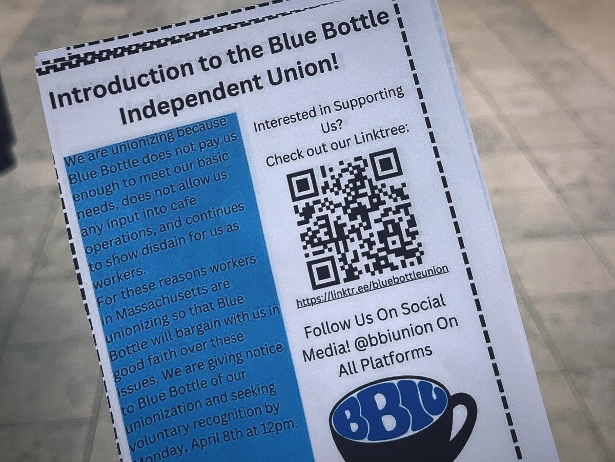 Last week, we supported an action organized by @BBIUnion as they fight to form an independent union. Blue Bottle refused to voluntarily recognize the union, so BBIU will now file with the National Labor Relations Board to hold an election. To help support: linktr.ee/bluebottleunion