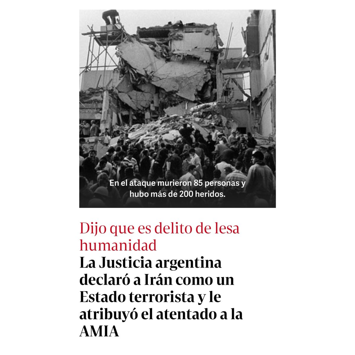 Fallo histórico de la Justicia Argentina en que declara a Irán como un estado terrorista con responsabilidad directa en el ataque terrorista a la AMIA. Un crimen de lesa humanidad, imprescriptible, que los argentinos no debemos olvidar. Como tampoco debemos olvidar el infame…