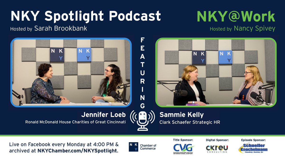 Mark your calendars for the next NKY Spotlight Podcast! On Monday, we are joined by Jennifer Loeb of @RMHCincinnati and Sammie Kelly of Clark Schaefer Strategic HR. Tune in on the NKY Chamber Facebook page at 4 p.m. on Monday, or listen at bit.ly/NKY_Spotlight.