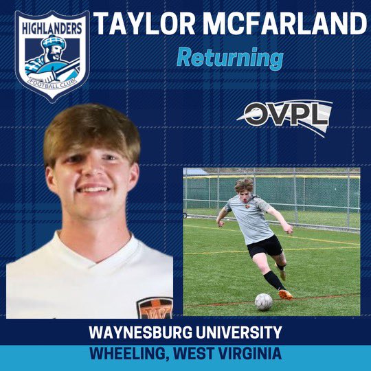 Excited to kick off our 2024 @ovplsoccer roster announcements with Taylor McFarland! A standout defender with @WUfooty , this will be his 4th OVPL season with us. @WheelingVisitor @WLU_MSoccer @WU_M_Soccer @str8trainingrnd