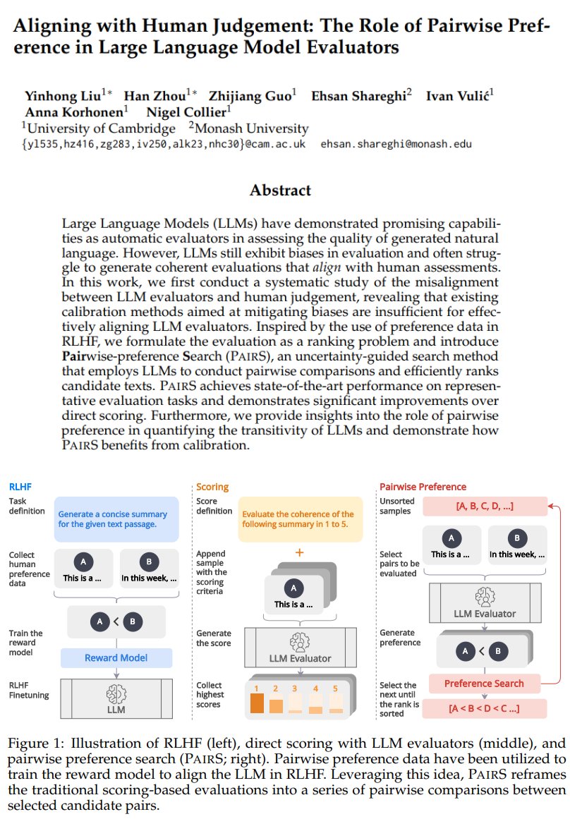 🔥New paper!📜 Struggle to align LLM evaluators with human judgements?🤔 Introducing PairS🌟: By exploiting transitivity, we push the potential of pairwise preference in efficient ranking evaluations that has better alignment!🧑‍⚖️ 📖arxiv.org/abs/2403.16950 💻github.com/cambridgeltl/p…