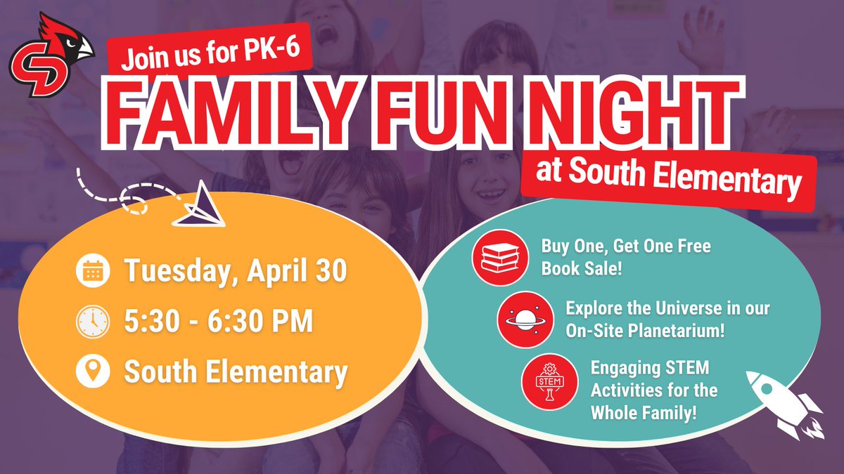 Mark your calendars for Family Night at South Elementary on Tues, April 30, from 5:30-6:30pm! Enjoy STEM activities, a BOGO Book Sale & an on-site planetarium! 🚀 This event is open to all PK-6th grade students & families. See you there! #TheRedWay